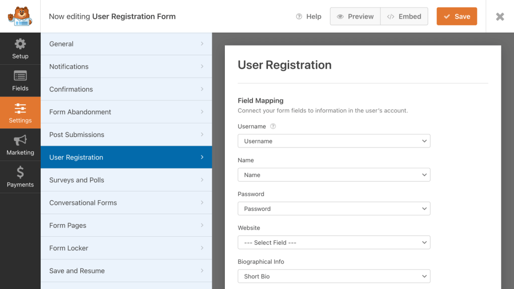 formulário de registro de usuário usando WPForms