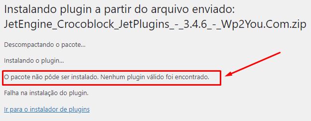 O pacote nao pode ser instalado. Nenhum plugin valido foi encontrado